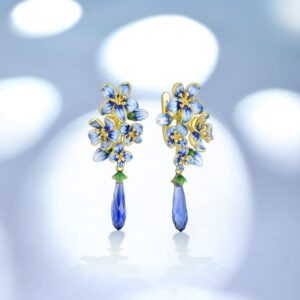 Santuzza 925 Sterling Silver Orchid Dangle Earrings Blue Glass Handmade Enamel Flower Drop Earrings for Women