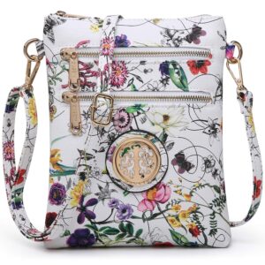 dasein women small crossbody bag lightweight shoulder purses multi zipper pockets phone purse handbag (white flower)