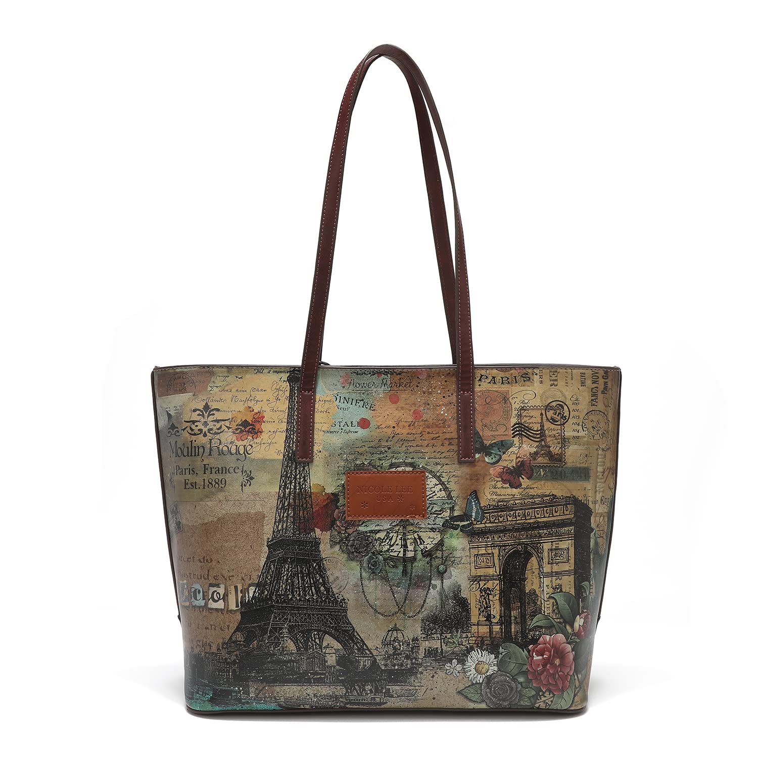 Nicole Lee Paris Fashion Week Large Shopper, Brown Tote Bag with Butterfly, Flower, Diamond Rhinestone Embellishments