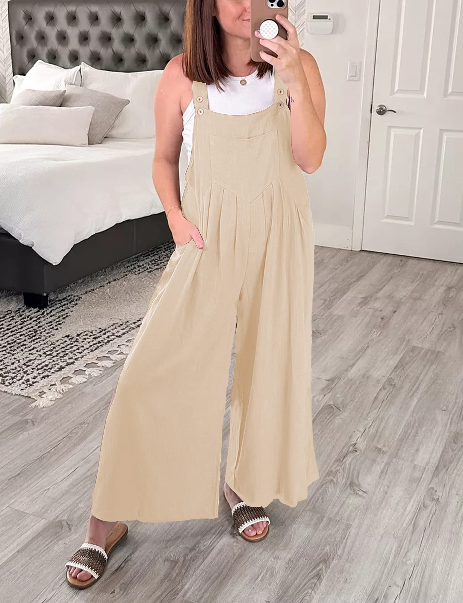 Buenoble Linen Overalls for Women Loose Fit Boho Wide Leg Jumpsuits Casual Summer Pleated Rompers with Pockets(0020-Apricot-M)