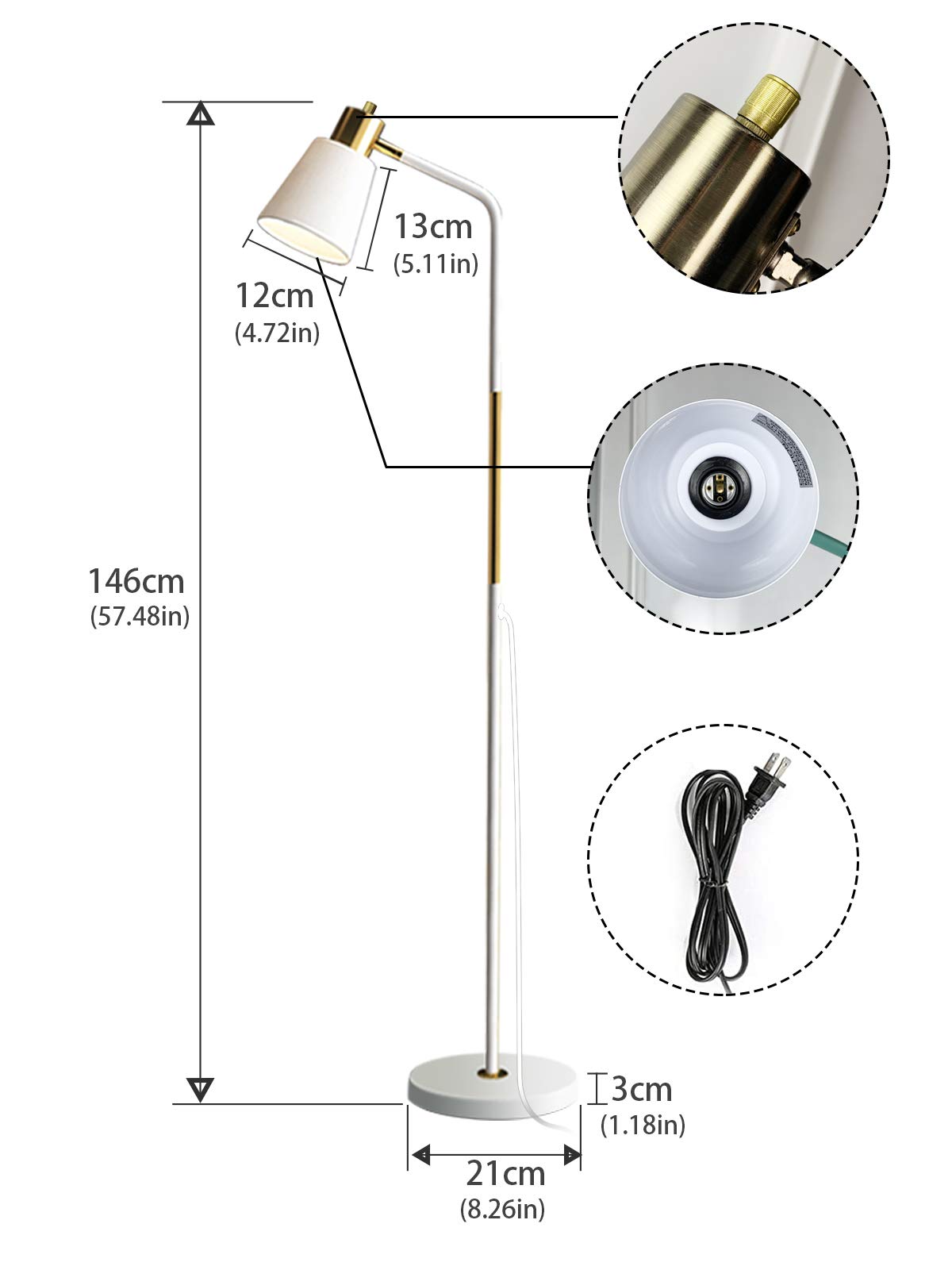 Floor Lamp, Industrial Floor Lamps for Living Rooms Rustic Farmhouse Reading Standing Floor Lamp Adjustable Metal Heads Indoor Task Lighting for Living Room Bedroom Office Home Décor (White)