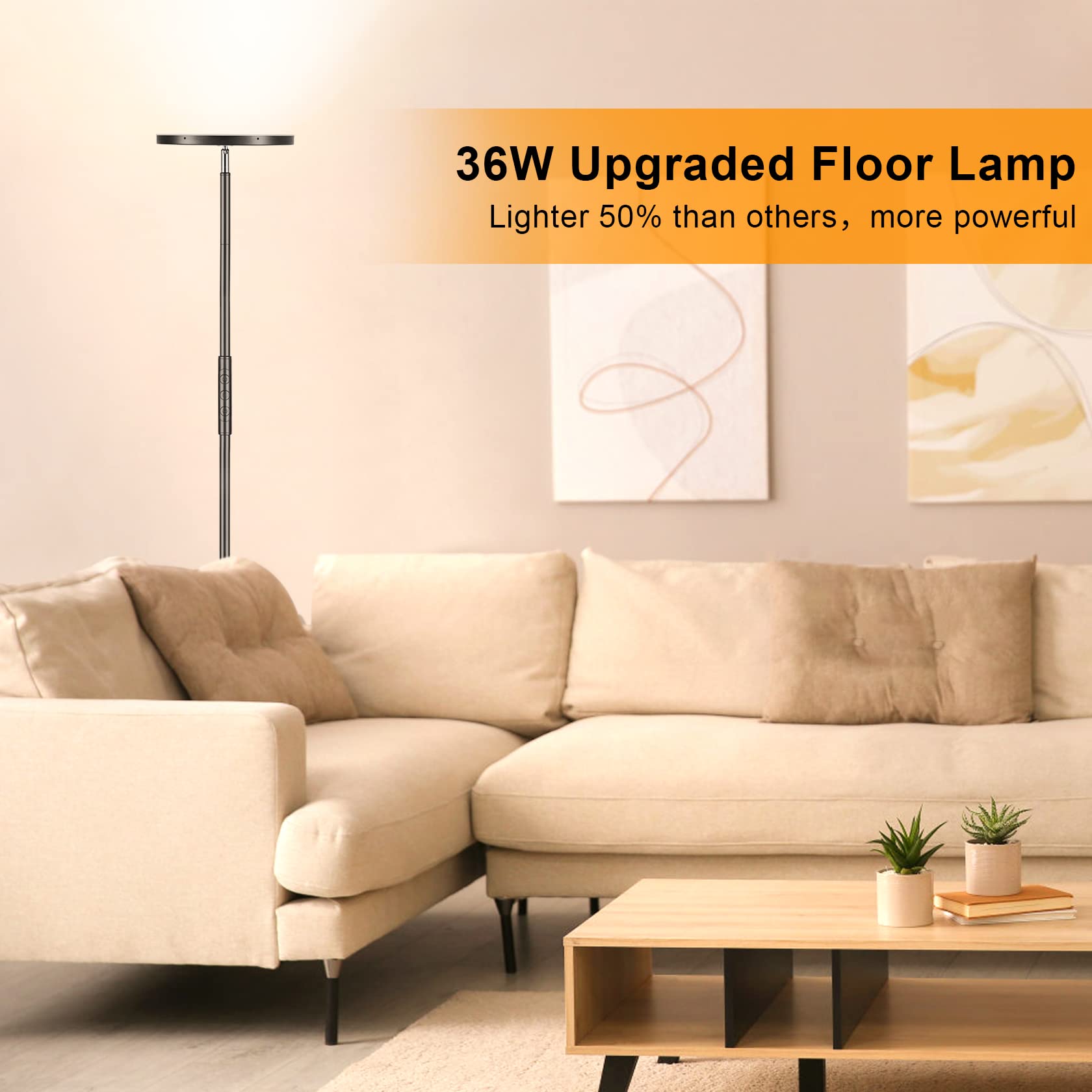 LED Floor Lamp, 3600LM 36W Super Bright Standing Lamp with Remote & Touch Control, 350W Equivalent Modern Torchiere Lamp with 2700K-6500K Stepless Dimming, 69" Tall Lamp for Living Room Bedroom Office