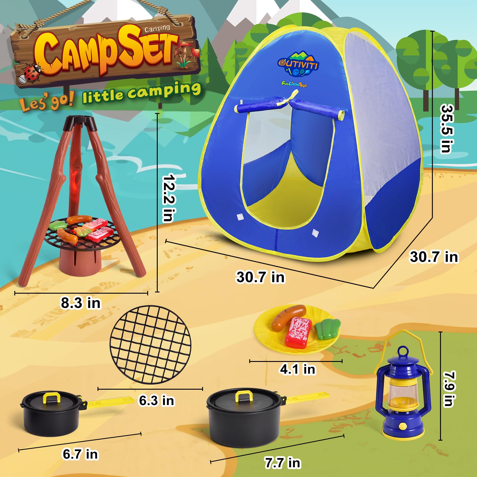 FUN LITTLE TOYS Kids Play Tent with Camping Toys, Toddler Tent with Battery Lantern, Kids Pop Up Tent Indoor Outdoor Toys Birthday Gifts for Girls Boys