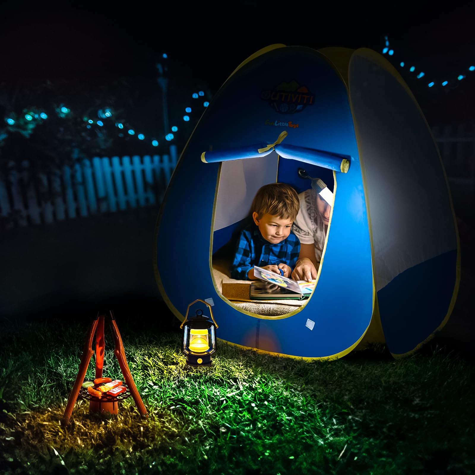 FUN LITTLE TOYS Kids Play Tent with Camping Toys, Toddler Tent with Battery Lantern, Kids Pop Up Tent Indoor Outdoor Toys Birthday Gifts for Girls Boys