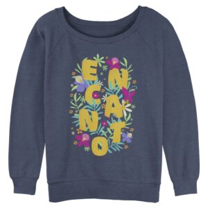 disney women's encanto flower arrangement junior's raglan pullover with coverstitch, blue heather, large