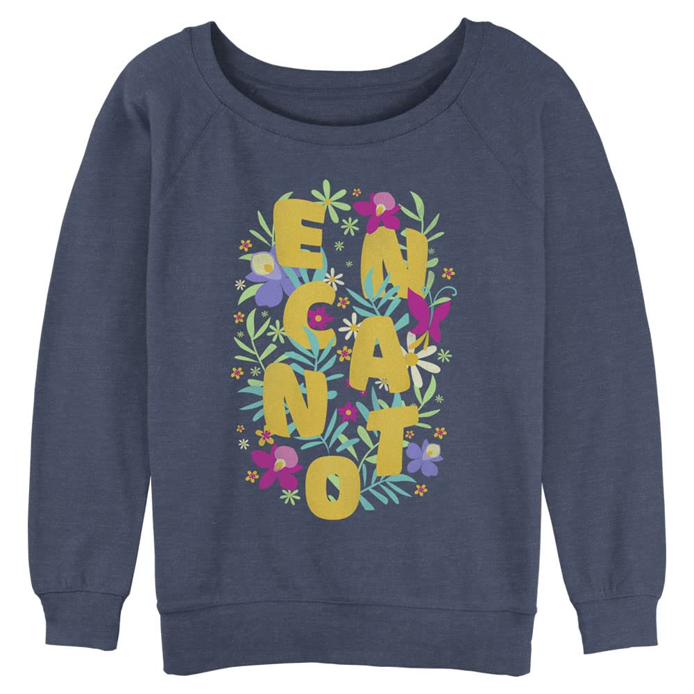 Disney Women's Encanto Flower Arrangement Junior's Raglan Pullover with Coverstitch, Blue Heather, Large