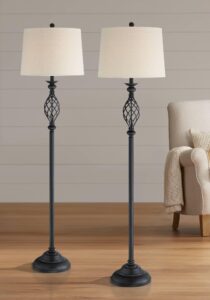 franklin iron works annie traditional 63" tall standing floor lamps set of 2 lights iron scroll brown bronze finish living room bedroom house reading office home decor entryway cream drum shade