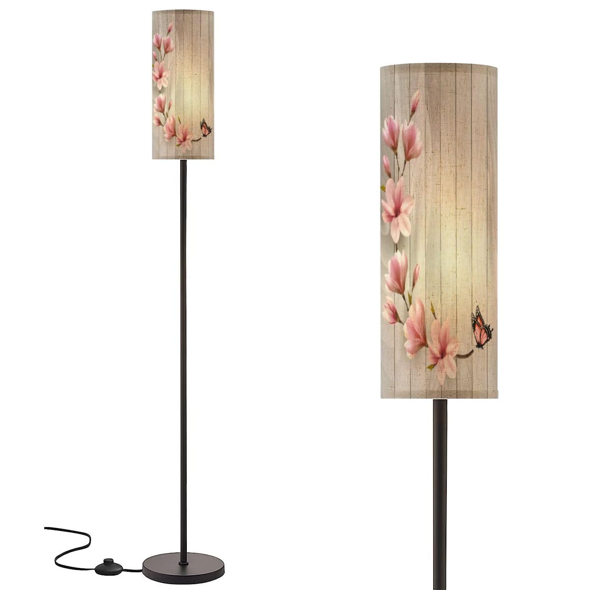 RZNTJHUINA Modern Standing Lamps Nature Spring Beautiful Branches Minimalist Floor Lamp Metal Pole Lamp with Linen Lampshade for Bedroom Living Room Office Nursery Reading Foot Switch Boho Decor