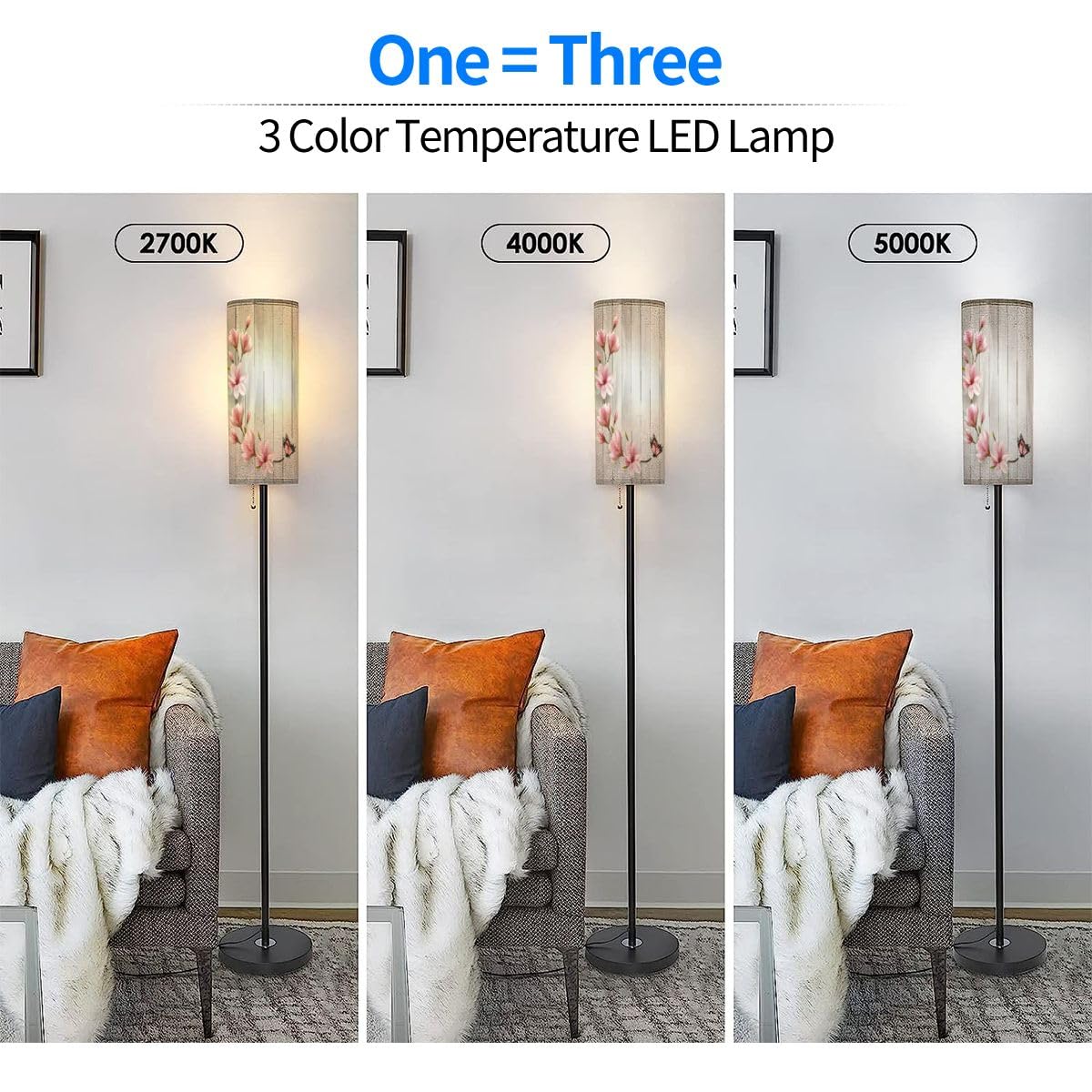 RZNTJHUINA Modern Standing Lamps Nature Spring Beautiful Branches Minimalist Floor Lamp Metal Pole Lamp with Linen Lampshade for Bedroom Living Room Office Nursery Reading Foot Switch Boho Decor