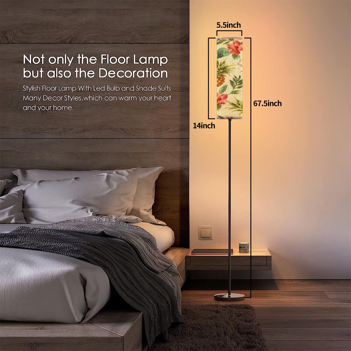 RZNTJHUINA Modern Standing Lamps Vintage Tropical Flowers Minimalist Floor Lamp Metal Pole Lamp with Linen Lampshade for Bedroom Living Room Office Nursery Reading Foot Switch