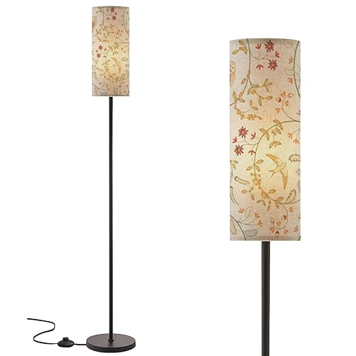 Modern Standing Lamps Vintage birds foliage flowers pattern light Middle ages style Minimalist Floor Lamp Metal Pole Lamp with Linen Lampshade for Bedroom Living Room Office Nursery Reading