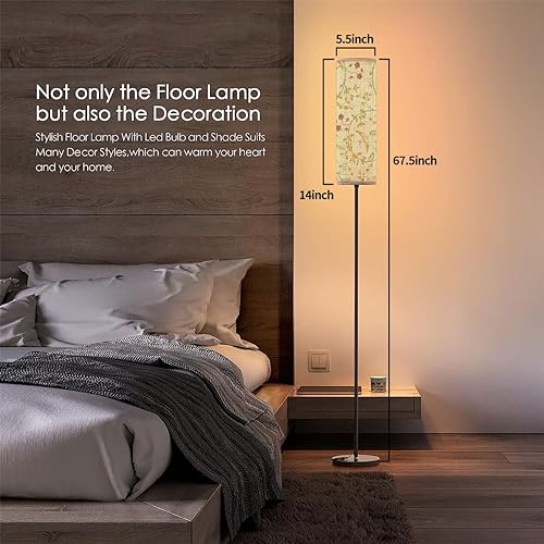 Modern Standing Lamps Vintage birds foliage flowers pattern light Middle ages style Minimalist Floor Lamp Metal Pole Lamp with Linen Lampshade for Bedroom Living Room Office Nursery Reading