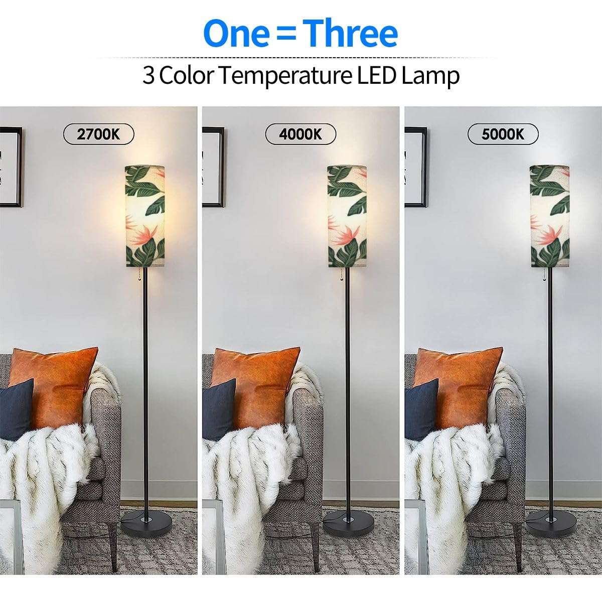 Modern Standing Lamps Beach cheerful tropical dark green leaves palm trees Minimalist Floor Lamp Metal Pole Lamp with Linen Lampshade for Bedroom Living Room Office Nursery Reading Foot Switch