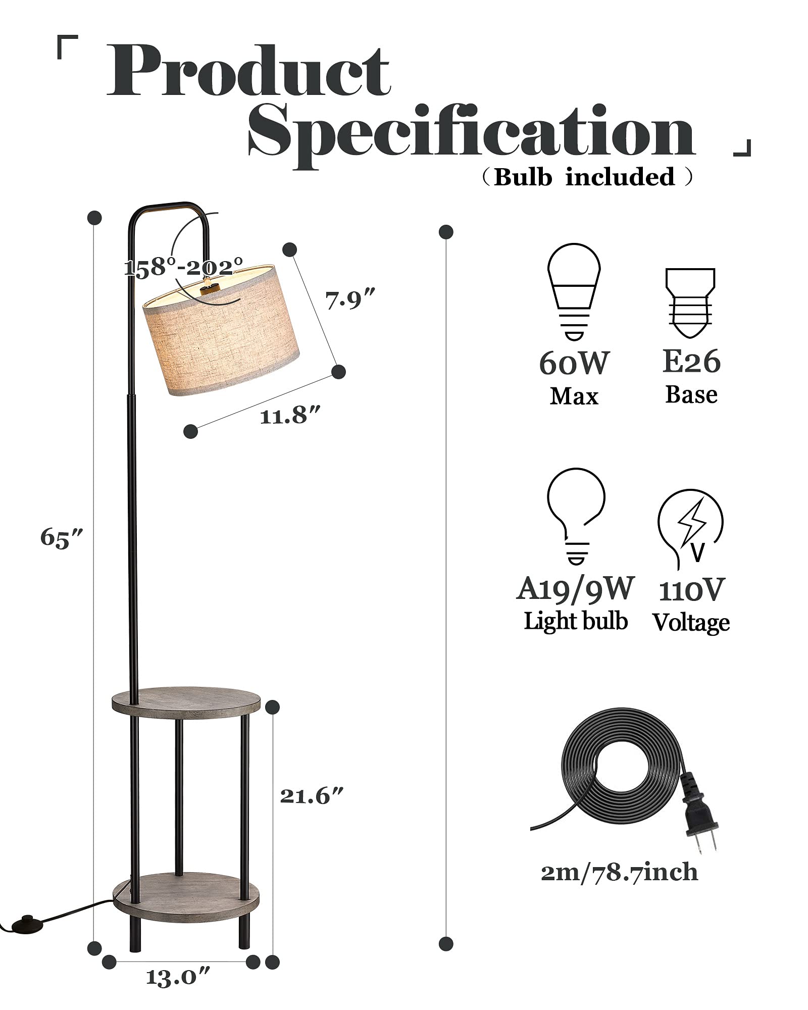 ELYONA Farmhouse Floor Lamp with Grey Desk Lamp, Bedside Table Lamp with Wireless Charging & USB Ports, Nightstand Lamp with Solid Wood Shelves,Standing Light for Bedroom, Living Room, Office