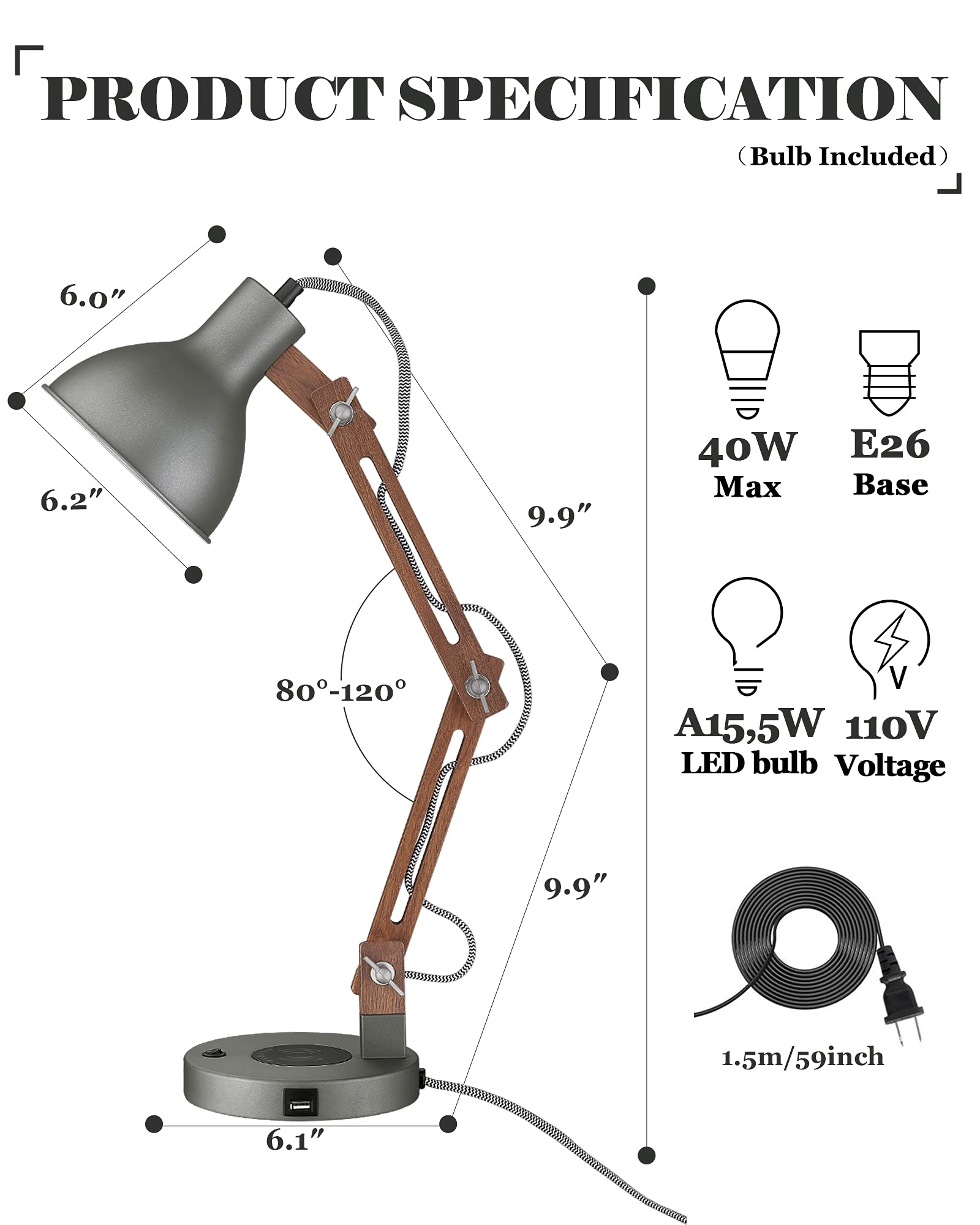 ELYONA Farmhouse Floor Lamp with Grey Desk Lamp, Bedside Table Lamp with Wireless Charging & USB Ports, Nightstand Lamp with Solid Wood Shelves,Standing Light for Bedroom, Living Room, Office