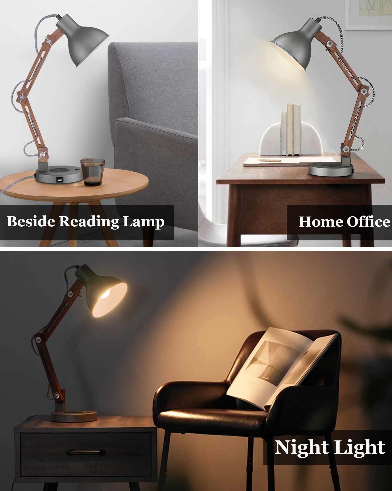 ELYONA Farmhouse Floor Lamp with Grey Desk Lamp, Bedside Table Lamp with Wireless Charging & USB Ports, Nightstand Lamp with Solid Wood Shelves,Standing Light for Bedroom, Living Room, Office