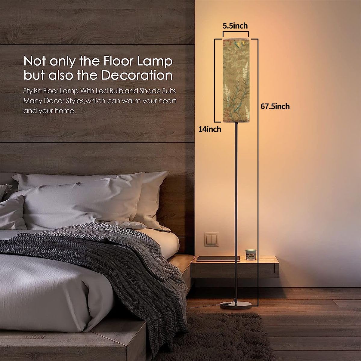 Boho Standing Lamps Floral Surface for fabric wrapping scrapbooking Beige Minimalist Floor Lamp Metal Pole Lamp with Linen Lampshade for Bedroom Living Room Office Nursery Reading Foot Switch