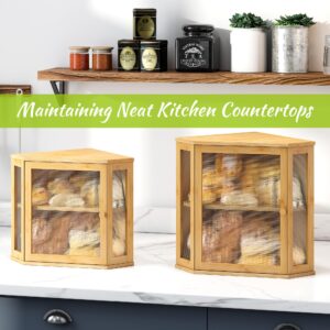 BMOSU Corner Bread Box for Kitchen Countertop Double Layer Large Capacity Bread Storage Bin Farmhouse Bread Container Breadbox Bamboo Wooden Bread Storage And Organizer (Natural, Medium)