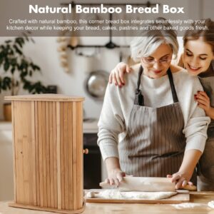 Bamboo Bread Box For Kitchen Countertop TOMKID Farmhouse Corner Bread Box 2 Layer Bread Storage Container, Extra Large Bread Boxes, 15.1 in x 11.8 in x 16.8 in (Assembly required)