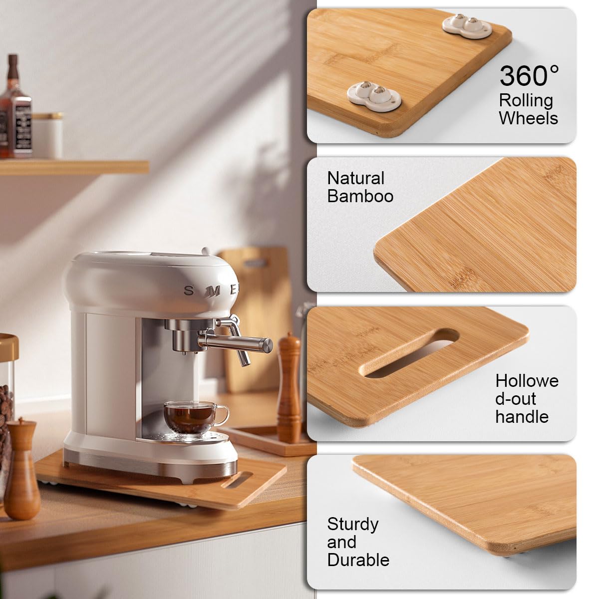 Bamboo Appliance Slider Sliding Tray - 360° Rotation Sliding Tray for Coffee Maker Airfryer Espresso Machine Food Processor & Mixer - 9.8''x15.4''