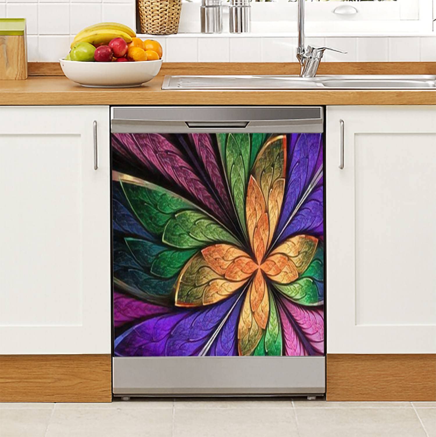 Dishwasher Magnet Cover Beautiful Multicolored Fractal Flower Butterfly Stained Glass Window Magnetic Refrigerator Stickers Decorative Appliance Cover Fridge Panels Metal Door Garage 23x26in