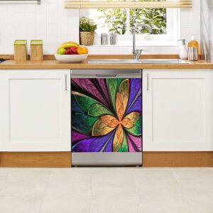 Dishwasher Magnet Cover Beautiful Multicolored Fractal Flower Butterfly Stained Glass Window Magnetic Refrigerator Stickers Decorative Appliance Cover Fridge Panels Metal Door Garage 23x26in