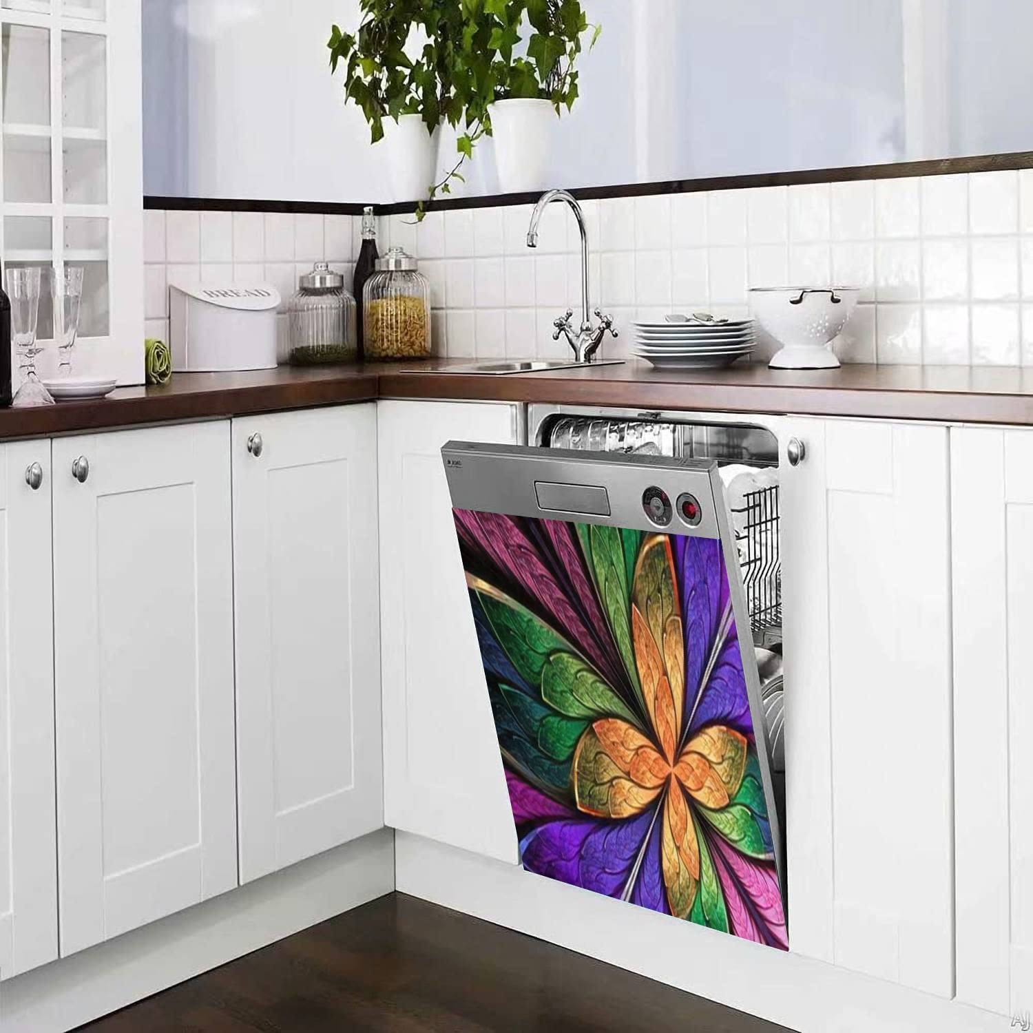 Dishwasher Magnet Cover Beautiful Multicolored Fractal Flower Butterfly Stained Glass Window Magnetic Refrigerator Stickers Decorative Appliance Cover Fridge Panels Metal Door Garage 23x26in