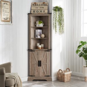 okd tall corner cabinet, farmhouse storage cabinet with barn door design & adjustable shelves, home space saver for bathroom, living room, light rustic oak