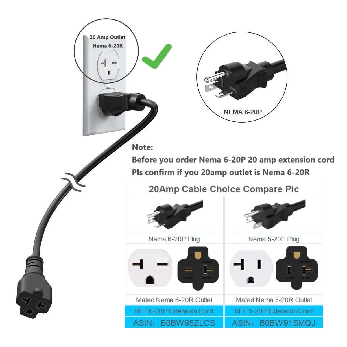 6-Ft 12AWG Nema 6-20P Extension Cord 20 Amp Nema 6-20 Heavy Duty Extension Cord 6Ft,Nema 6-20P to 6-15R/20R,6-20P to 5-20R 20AMP T-Blade Adapter-Cable, 250V 20A AC Extension Cord