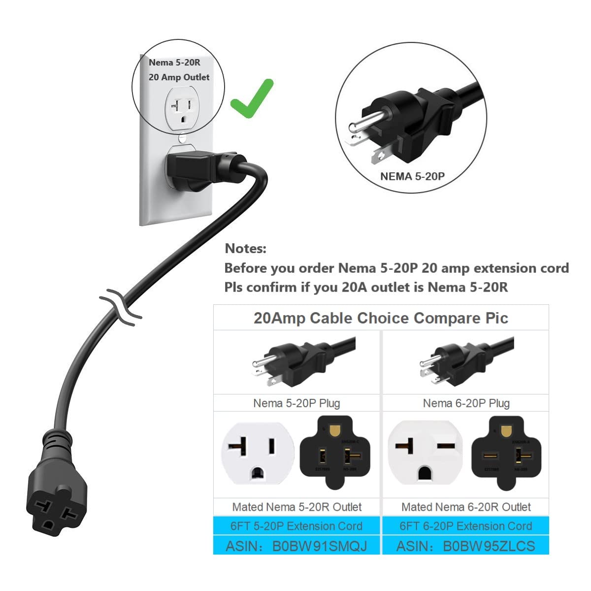 6-Ft Nema 5-20P Extension Cord 12AWG Nema 5-20 Heavy-Duty Extension Cord 6Ft,Nema 5-20P to 5-20R/15R,5-20P to 6-15R/20R 20 AMP T-Blade Plug Adapter-Cable,125V 20A AC Power Extension Cord