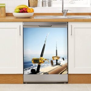 Dishwasher Magnet Cover Ocean Fishing Reel on Boat Magnetic Refrigerator Stickers Decorative Appliance Cover Fridge Panels Metal Door Garage 23"Wx26"H