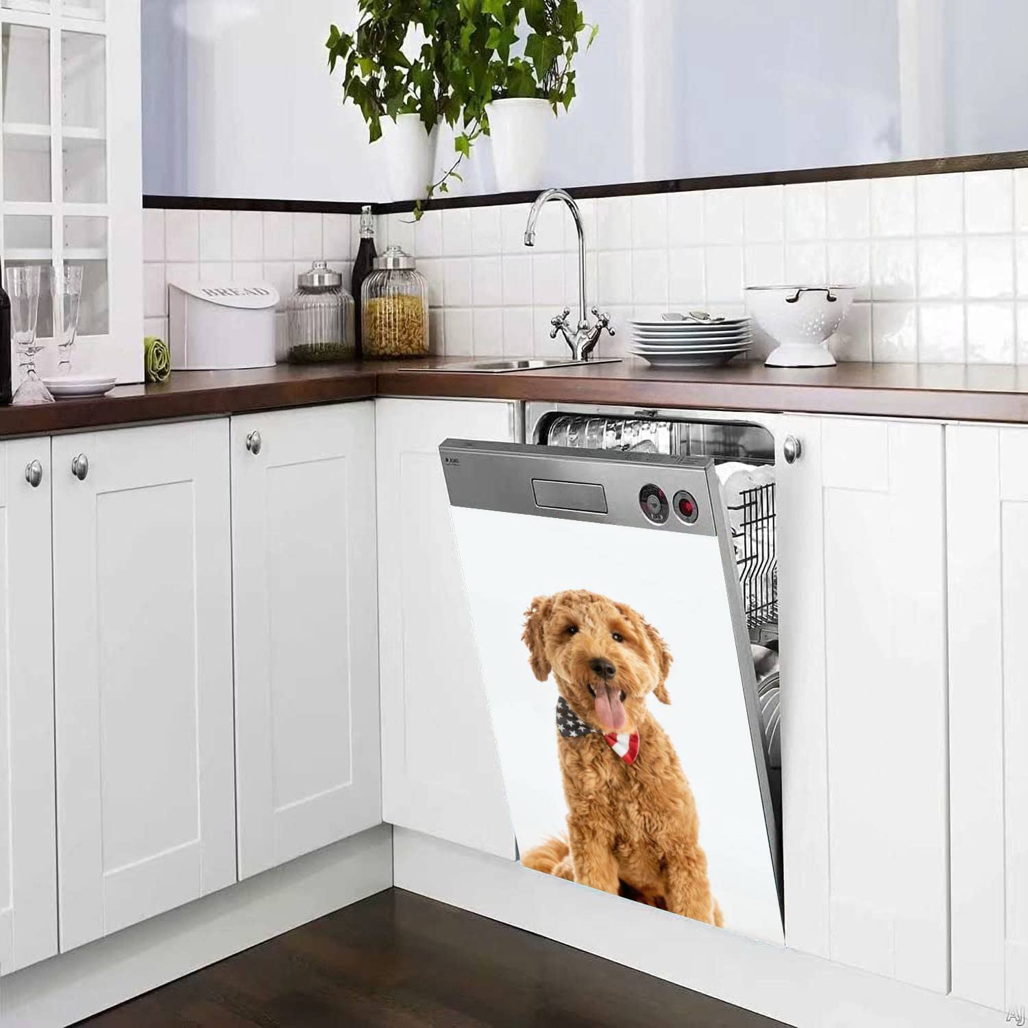 Dishwasher Magnet Sticker Goldendoodle Puppy American Flag Studio Portrait Magnetic Refrigerator Sticker Appliance Covers Home Kitchen Decor for Fridge Metal Door Garage 23x26in