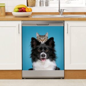 dishwasher magnet sticker border collie dog portrait with a hiding cat behind magnetic refrigerator sticker appliance covers home kitchen decor for fridge metal door garage 23x26in