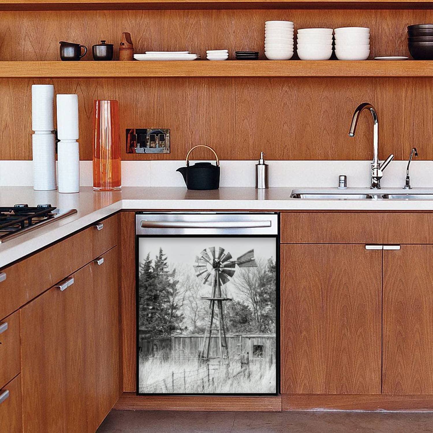 Rustic Farmhouse Dishwasher Magnet Cover Old Irrigation Pump Windmill Magnetic Refrigerator Stickers Decorative Appliance Cover Fridge Panels Metal Door Garage 23x26in