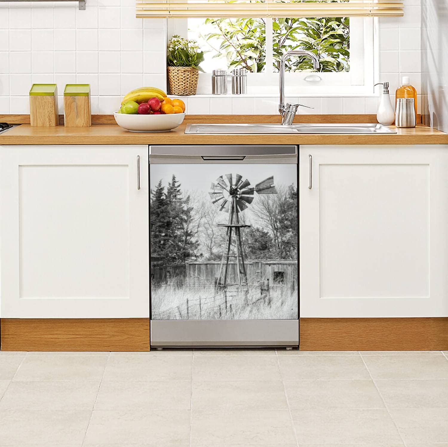 Rustic Farmhouse Dishwasher Magnet Cover Old Irrigation Pump Windmill Magnetic Refrigerator Stickers Decorative Appliance Cover Fridge Panels Metal Door Garage 23x26in