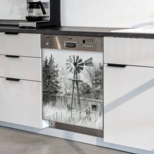 Rustic Farmhouse Dishwasher Magnet Cover Old Irrigation Pump Windmill Magnetic Refrigerator Stickers Decorative Appliance Cover Fridge Panels Metal Door Garage 23x26in