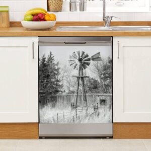 Rustic Farmhouse Dishwasher Magnet Cover Old Irrigation Pump Windmill Magnetic Refrigerator Stickers Decorative Appliance Cover Fridge Panels Metal Door Garage 23x26in