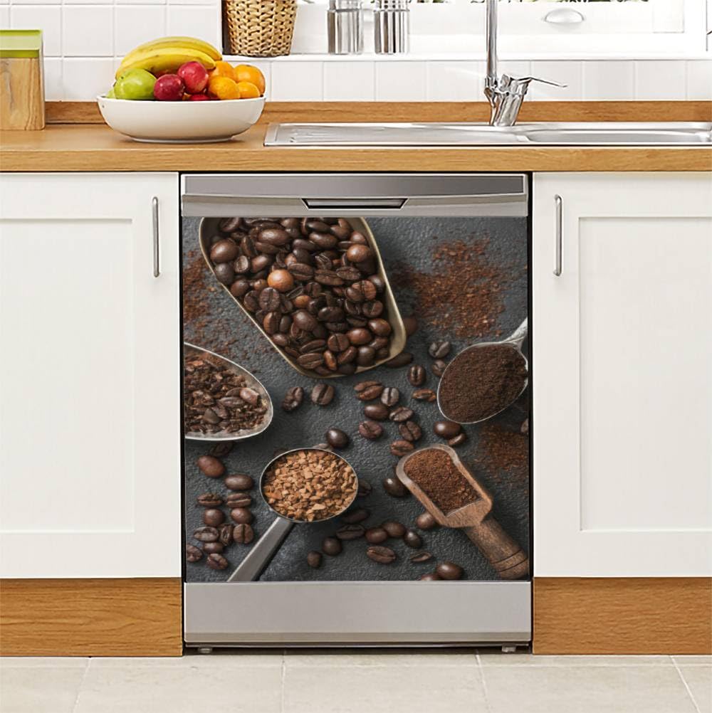 Dishwasher Magnet Cover Ground Bean Coffee Freeze Dried Instant Coffee granules Various Spoons Magnetic Refrigerator Stickers Decorative Appliance Cover Fridge Panels Metal Door Garage 23x26in