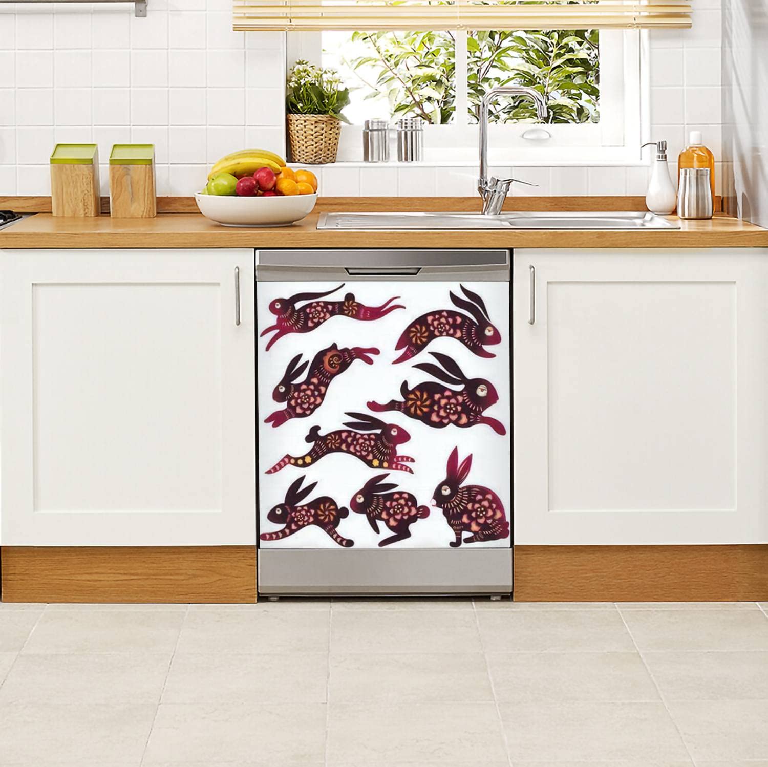 Dishwasher Magnet Cover Chinese Zodiac Rabbit Design Magnetic Refrigerator Stickers Decorative Appliance Cover Fridge Panels Metal Door Garage 23" Wx26 H