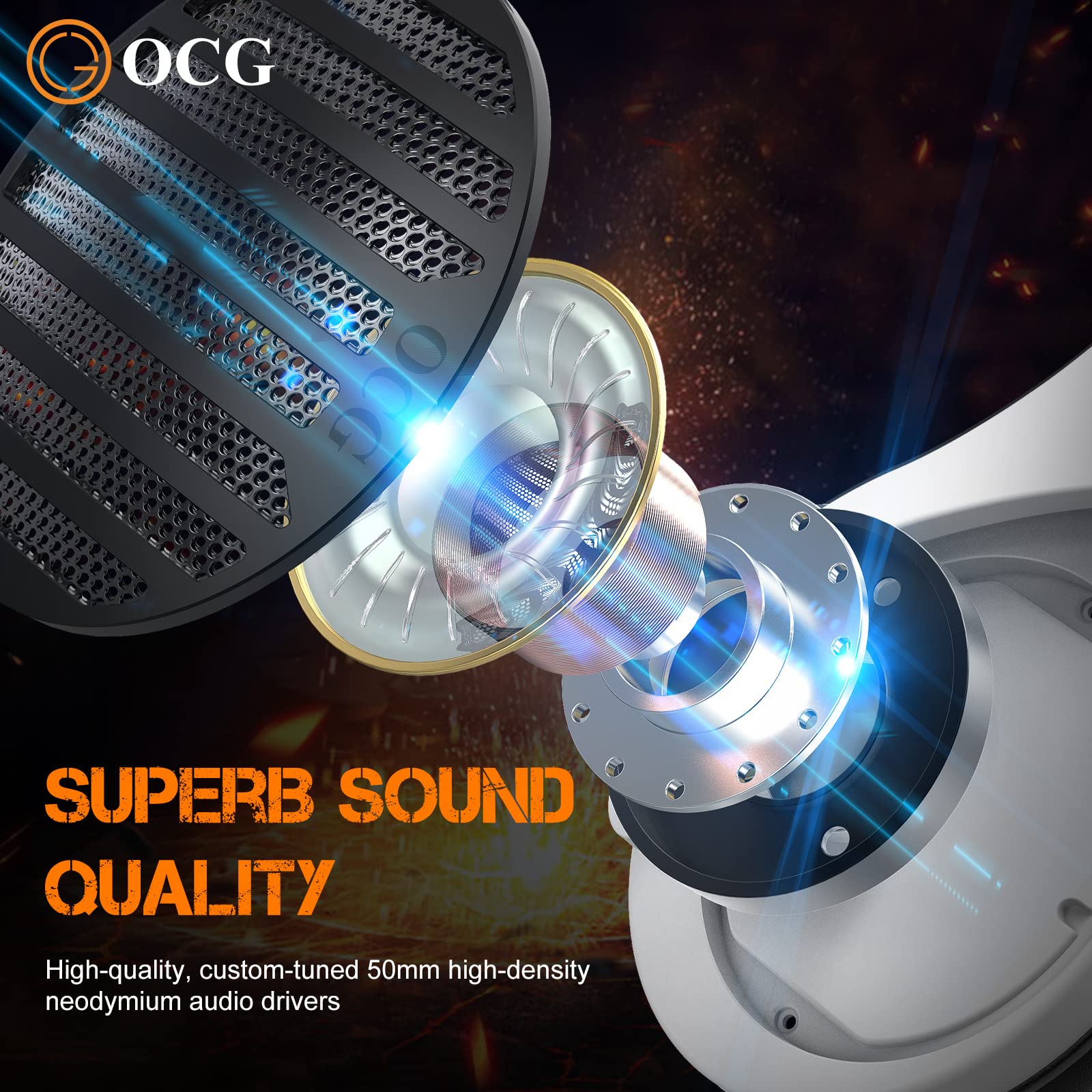 OCG Gaming Headset Dual Wireless Lossless 2.4G Bluetooth Gaming Headphones with Detachable Microphone 50mm Speakers - for PC, PS4, PS5,Smartphone,MacBook,Notebook,Tablet White