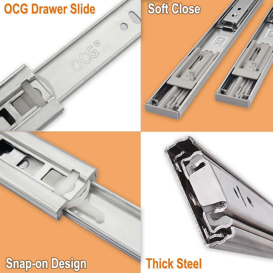 OCG Soft Close Drawer Slides 22 Inch (5 Pairs), Full Extension Ball Bearing Side Mount Drawer Slides for Cabinets with Face Frame, with Rear Mounting Brackets