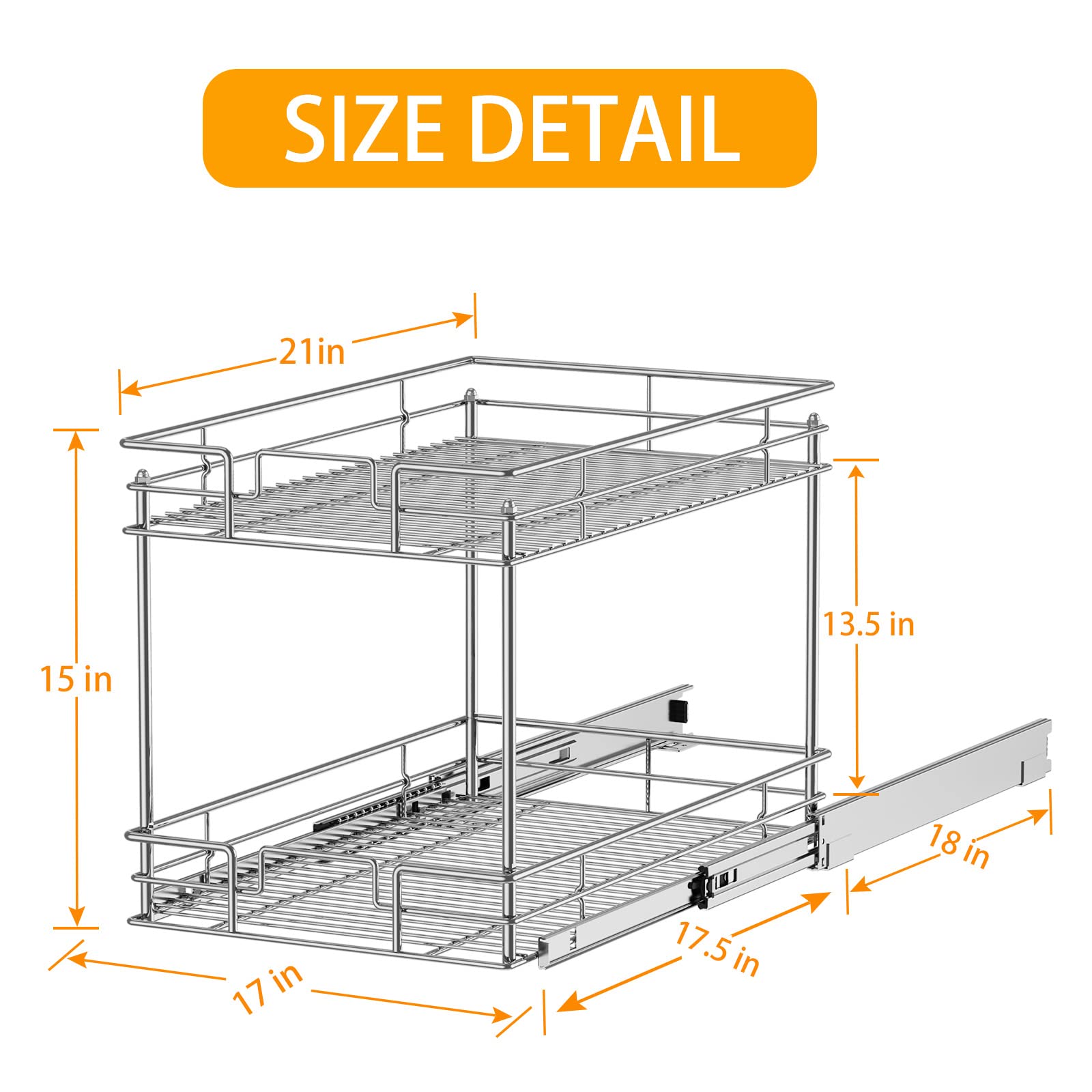 ROOMTEC New Version Pull Out Cabinet Organizer for Base Cabinet (17" W X 21" D), Kitchen Cabinet Organizer and Storage 2-Tier Cabinet Pull Out Shelves Under Cabinet Storage for Kitchen Silver,Chrome