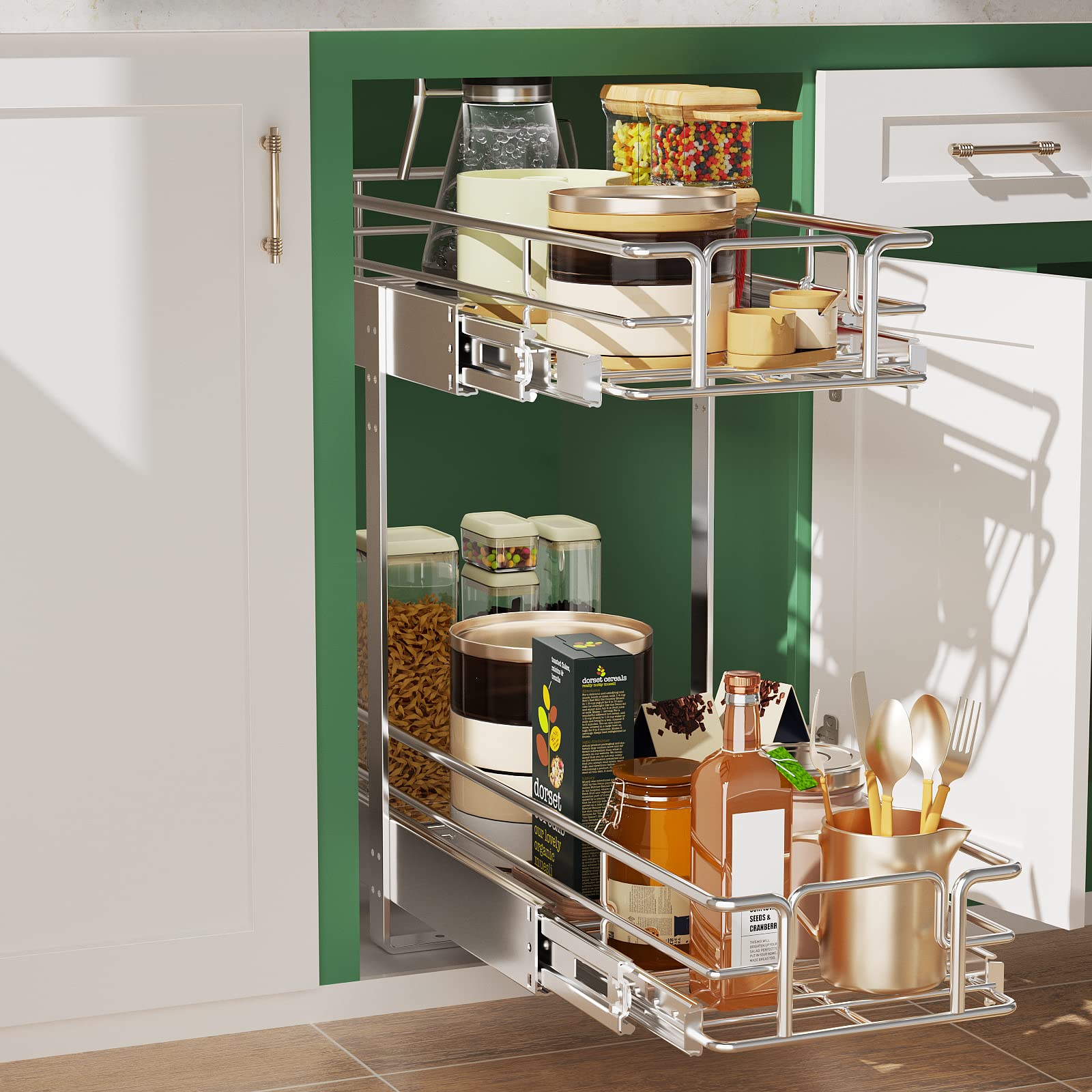 LOVMOR 2 Tier Individual Pull Out Cabinet Organizer 7½" W x 21½" D, Slide Out Kitchen Cabinet Storage Sliding Shelves