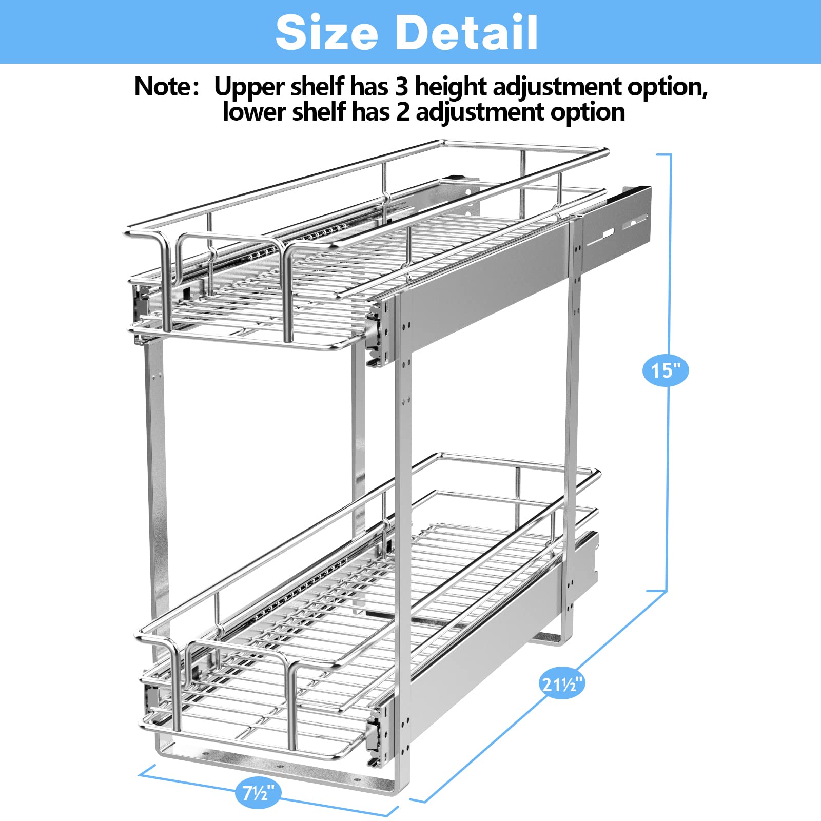 LOVMOR 2 Tier Individual Pull Out Cabinet Organizer 7½" W x 21½" D, Slide Out Kitchen Cabinet Storage Sliding Shelves