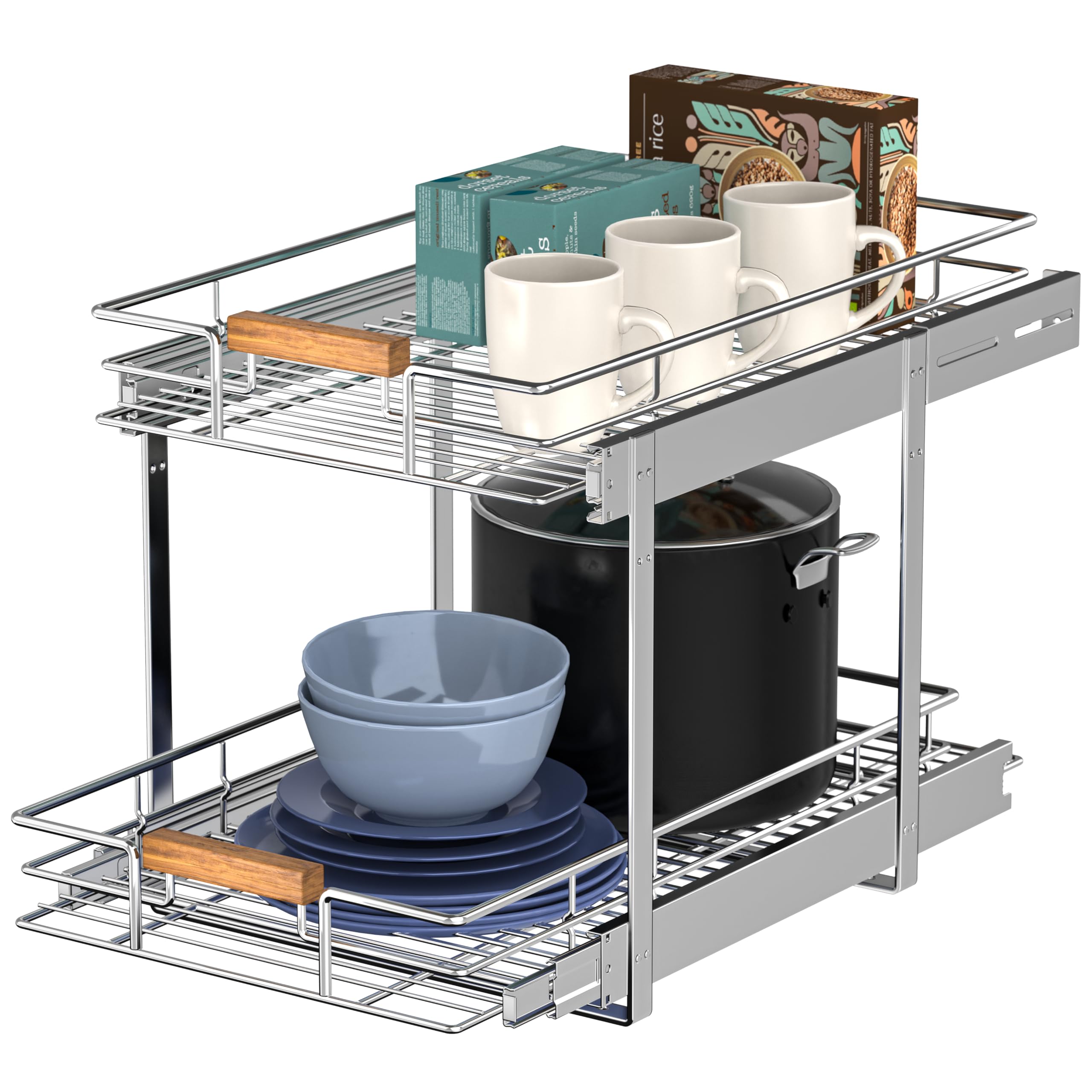 Mount Walker Individual Pull Out Cabinet Organizer(11" W x 21" D), 2 Tier Wire Basket Slide Out Shelf Storage with Wood Handle for Base Cabinet, Pull Out Shelf Drawers for Kitchen, Chrome