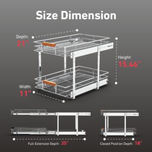 Mount Walker Individual Pull Out Cabinet Organizer(11" W x 21" D), 2 Tier Wire Basket Slide Out Shelf Storage with Wood Handle for Base Cabinet, Pull Out Shelf Drawers for Kitchen, Chrome