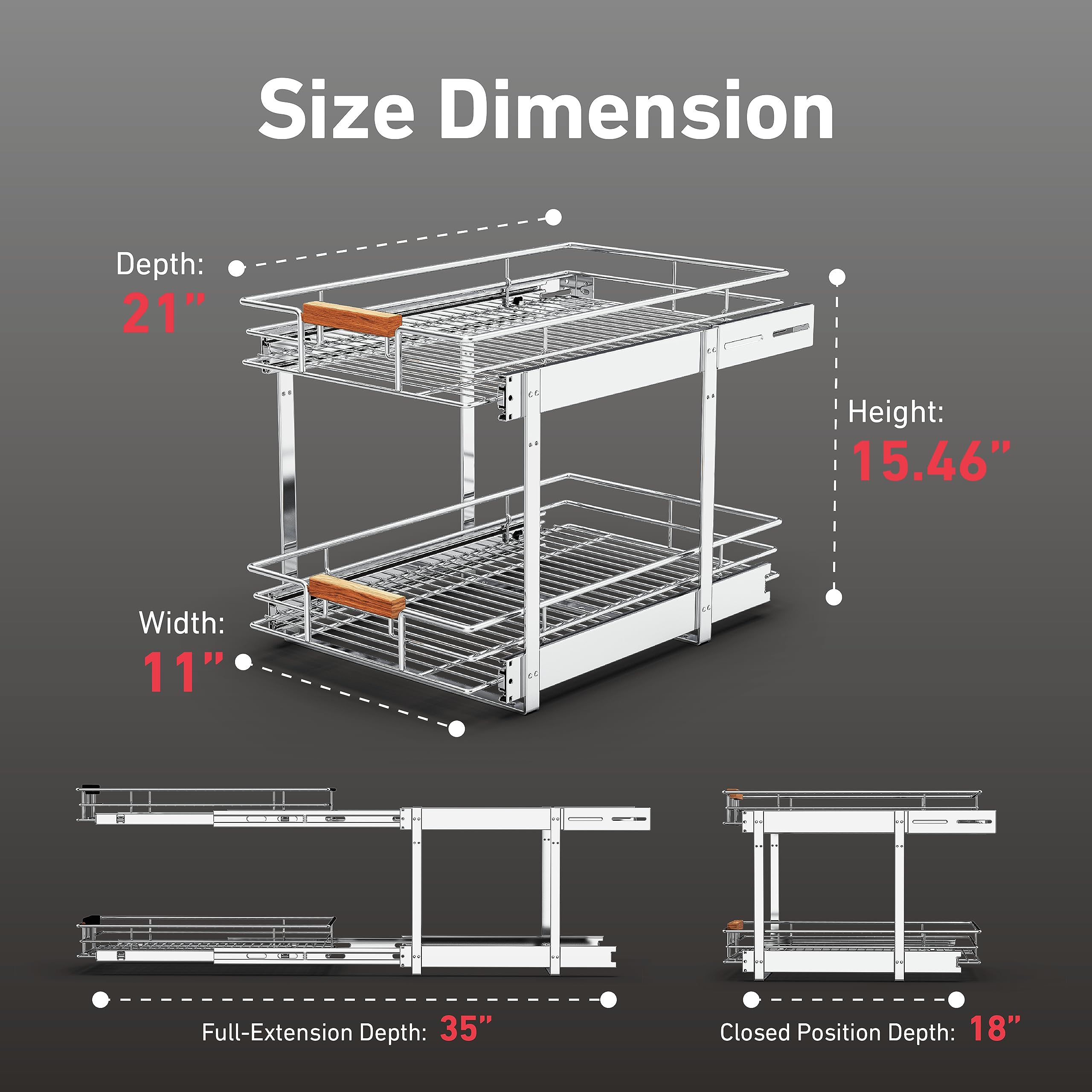 Mount Walker Individual Pull Out Cabinet Organizer(11" W x 21" D), 2 Tier Wire Basket Slide Out Shelf Storage with Wood Handle for Base Cabinet, Pull Out Shelf Drawers for Kitchen, Chrome