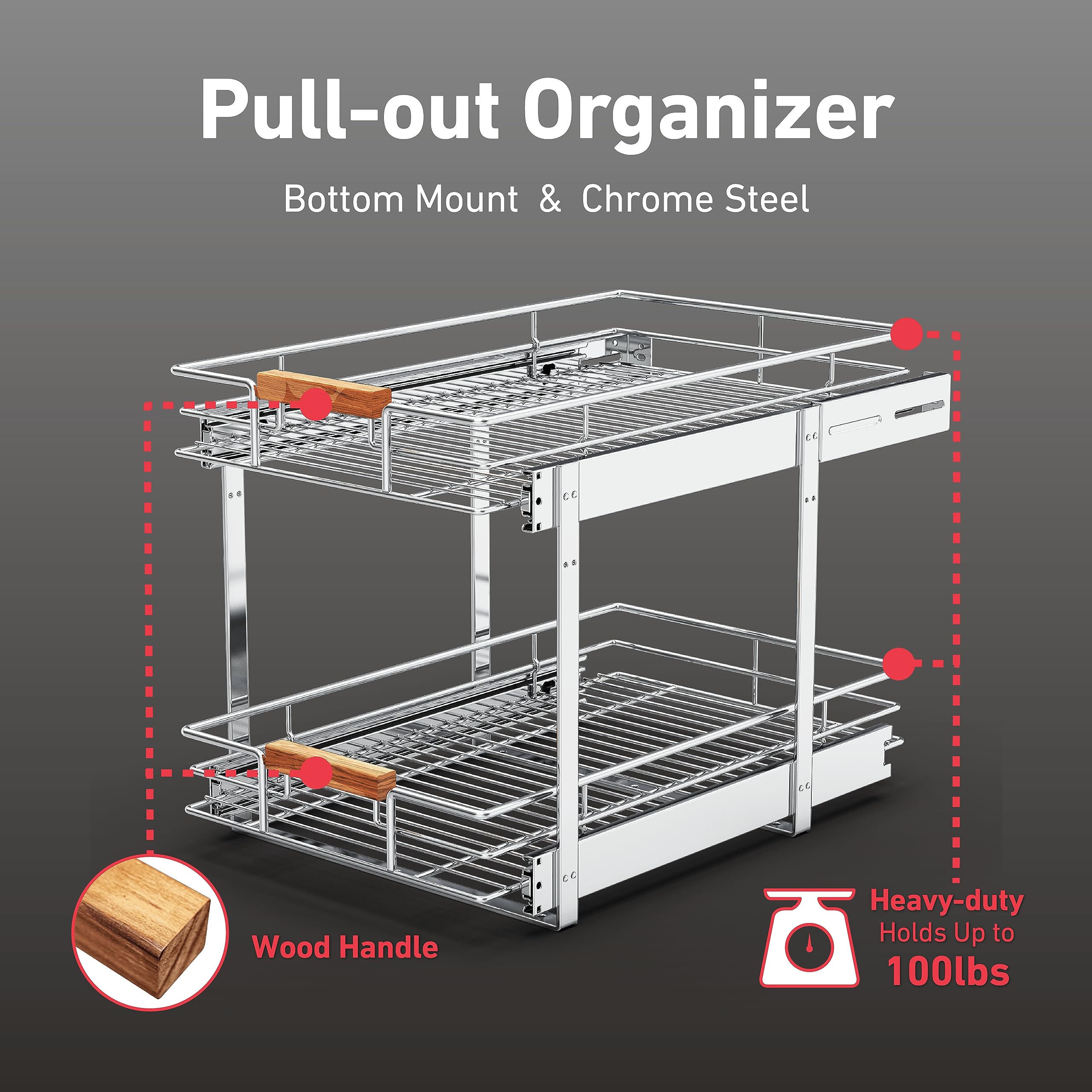 Mount Walker Individual Pull Out Cabinet Organizer(11" W x 21" D), 2 Tier Wire Basket Slide Out Shelf Storage with Wood Handle for Base Cabinet, Pull Out Shelf Drawers for Kitchen, Chrome