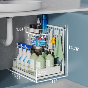 VERIFOST Under Sink Organizer, Under Kitchen Sink Organizers and Storage with Pull Out Drawer, Bathroom Storage Organizer with 2 Removable Hanging Baskets, L-Shaped Under Cabinet Organizer, White