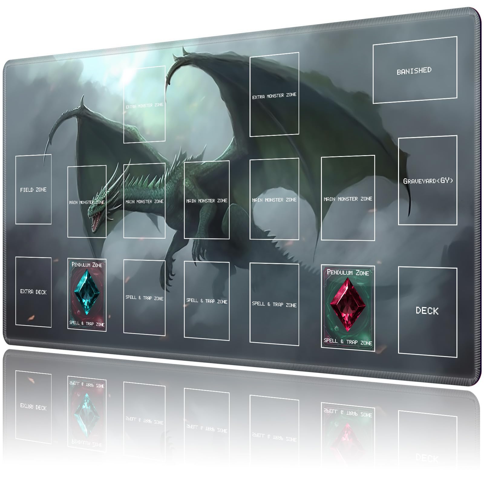 Playmat for OCG, Game Play Mat for TCG CCG 24 x 14 inch with Non-Slip Rubber Base and Stitched for Board Games and Table Magic, Green Dragon